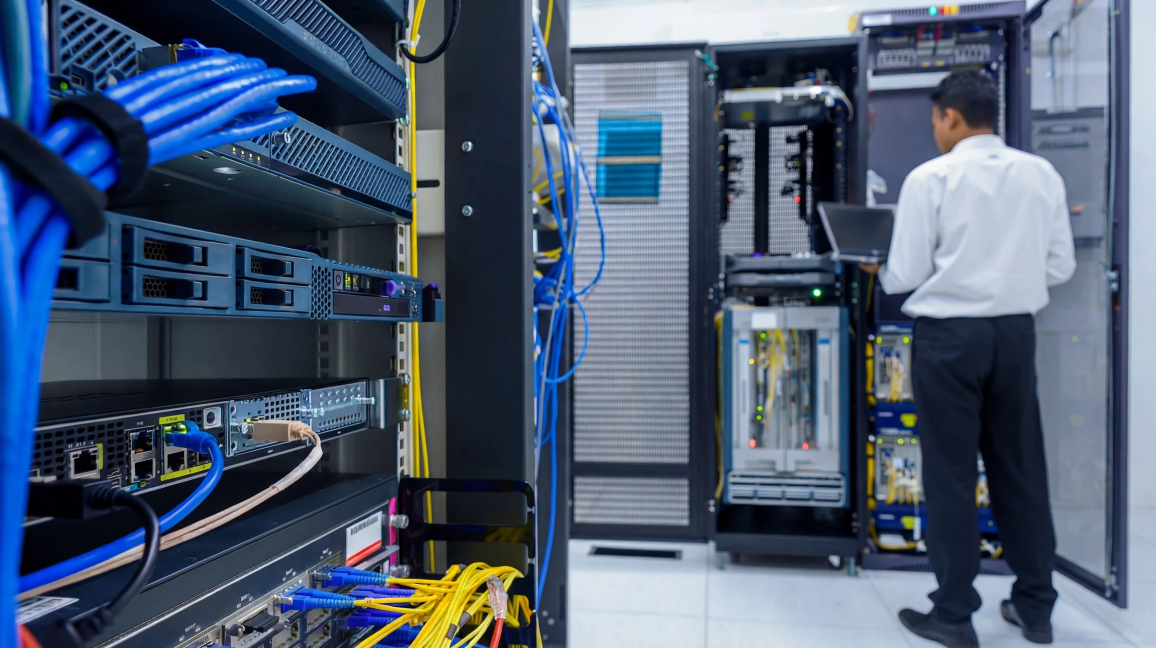 Salle de serveurs avec technicien en chemise blanche travaillant sur équipements informatiques