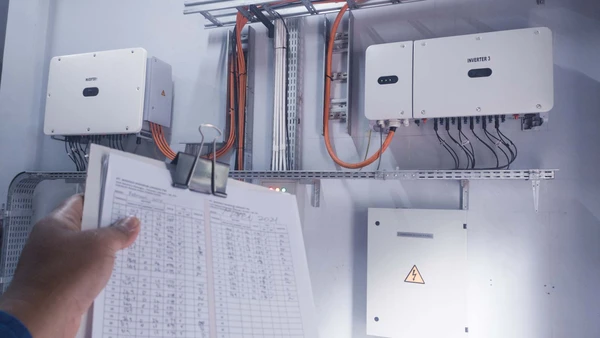 Espace de travail d'&eacute;lectricien avec plans techniques d&eacute;taill&eacute;s, multim&egrave;tre num&eacute;rique affichant des mesures, disjoncteurs modulaires, LED circulaire, c&acirc;bles &eacute;lectriques color&eacute;s et composants &eacute;lectroniques